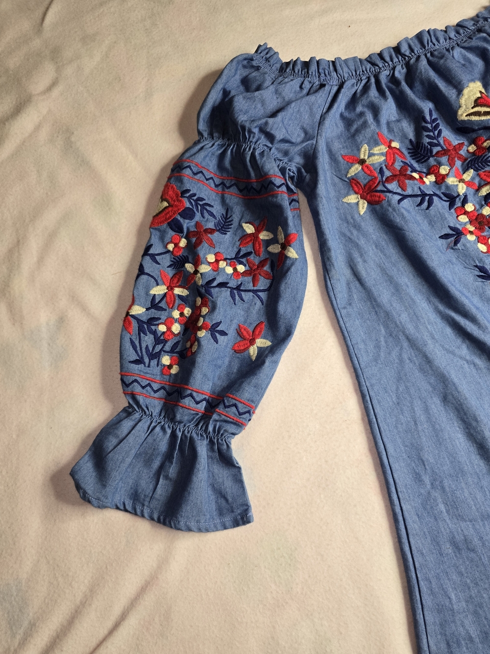 Embroidered Off-Shoulder Mini Dress in Denim Blue - Picture 4 of 8
